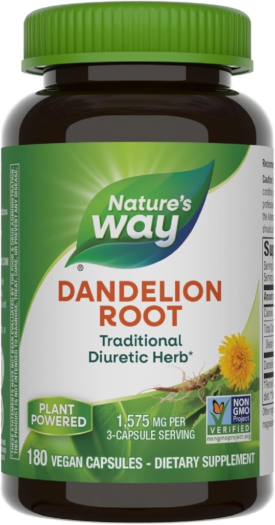 Nature's Way Dandelion Root, Traditional Diuretic Herb*, Traditionnellement utilisé pour Soothe Digestive Upset*, Vegan, 180 Capsules (Emballage May Vary)