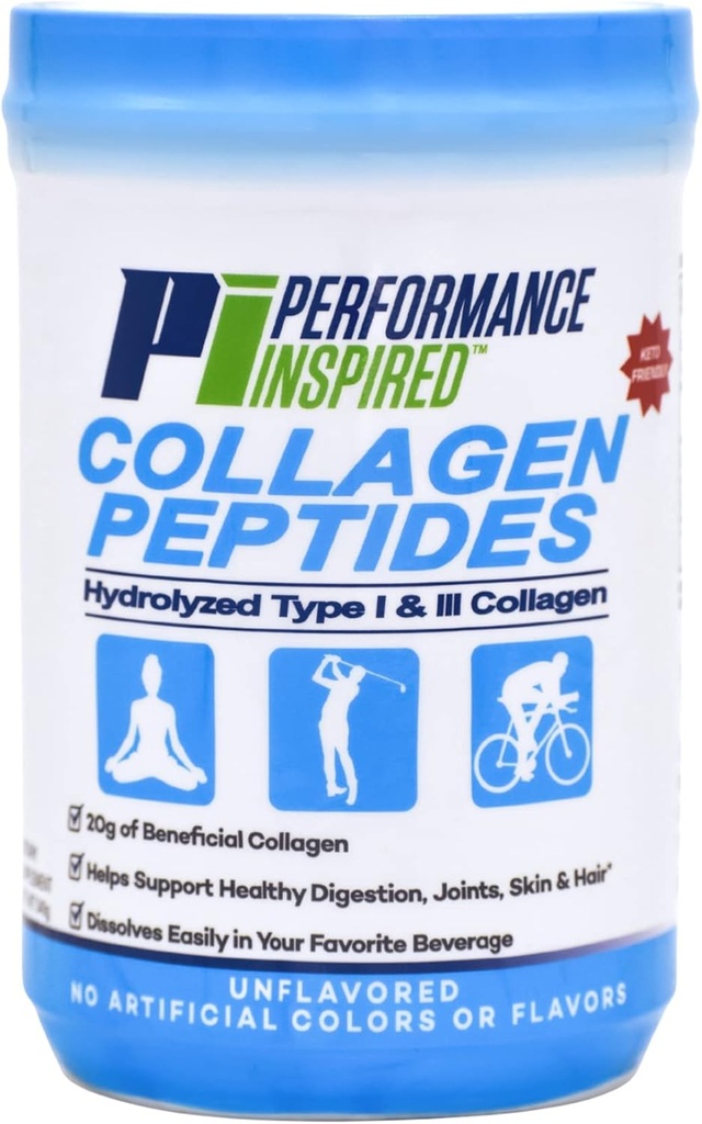 PERFORMANCE INSPIRED Nutrition Hydrolysed Collagen Peptides Poudre – 18g Protéines – Collagène de type I et III – articulation, peau, ongles et soutien digestif – Tous naturels – non aromatisés