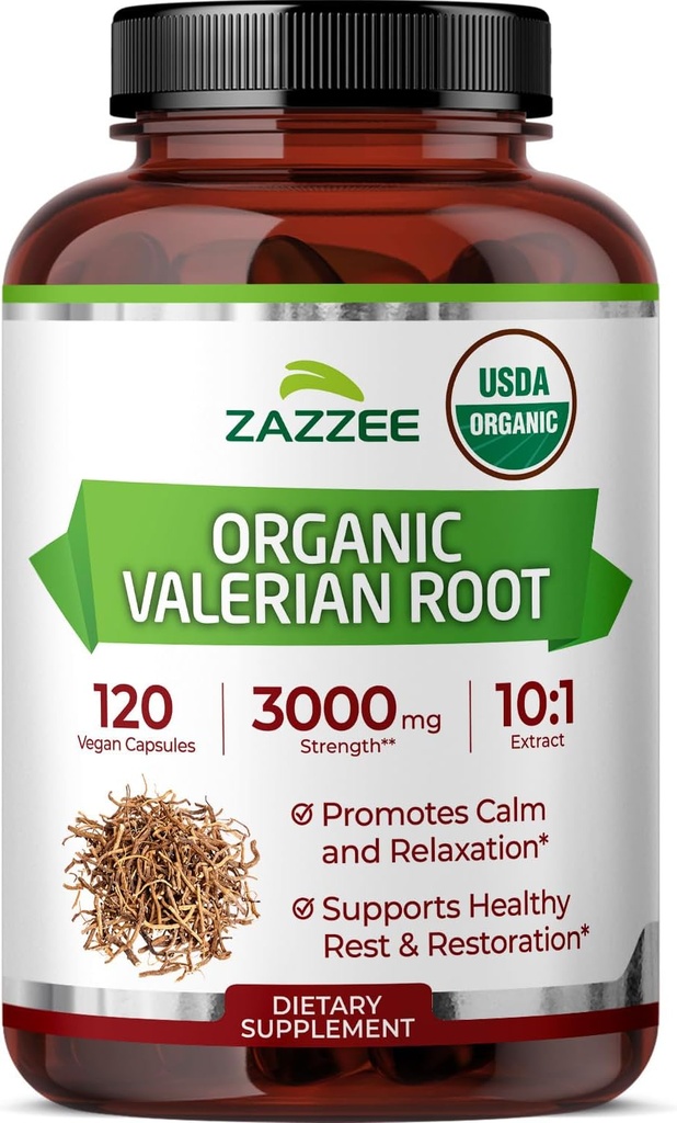 Zazzee USDA racine valériane biologique 10:1 extrait, 3000 mg de force, 120 capsules véganes, 4 mois d'approvisionnement, Valeriana officinalis, 10X puissance, 100% végétarien, tout naturel, non-OGM, fabriqué aux États-Unis