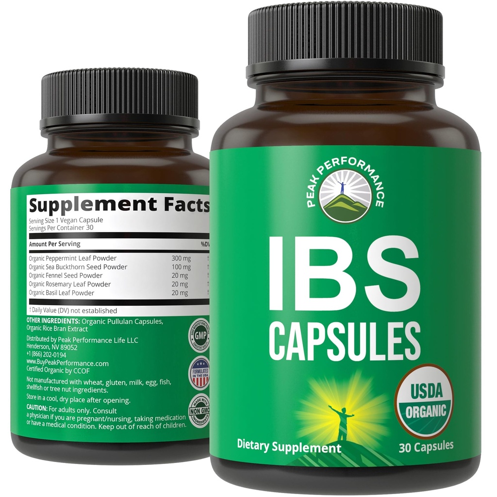 USDA Capsules IBS Organiques pour Relief, Ingestion, Bloating, Gas. Supplément Bowel Irritable avec 5 ingrédients organiques à la main. Huile de menthe poivrée, Buckthorn de mer, graines de fenouil, feuille de romarin, feuille de basilic