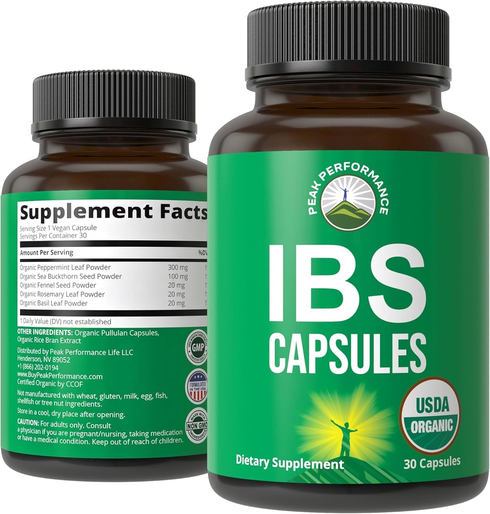 USDA Capsules IBS Organiques pour Relief, Ingestion, Bloating, Gas. Supplément Bowel Irritable avec 5 ingrédients organiques à la main. Huile de menthe poivrée, Buckthorn de mer, graines de fenouil, feuille de romarin, feuille de basilic