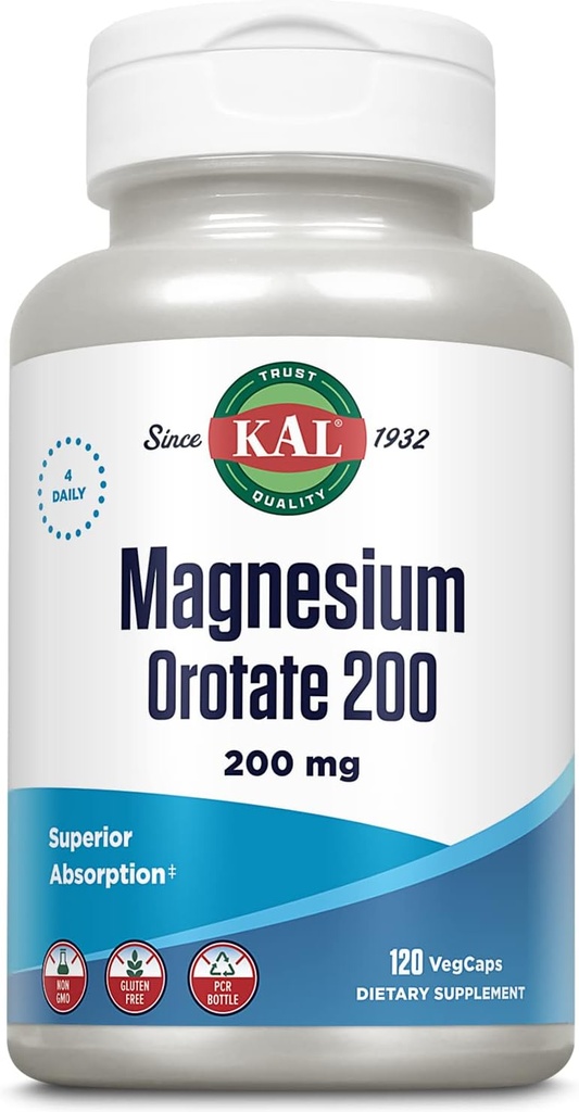 KAL Magnésium Orotate 200 mg, Formule d'absorption supérieure, Magnésium chélaté pour les os sains, les dents, le nerf et la fonction musculaire, végétarienne, non-OGM, sans gluten, 30 portions, 120 VegCaps