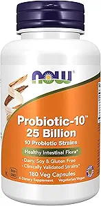 MAINTENANT Aliments, Probiotic-10TM, 25 milliards, avec 10 souches probiotiques, laitiers, sans soja et sans gluten, souche vérifiée, 180 gélules