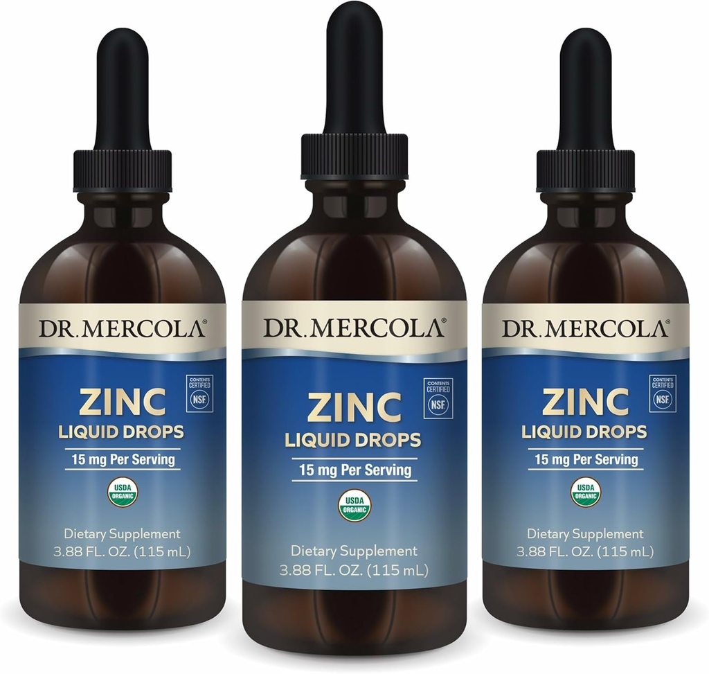 Dr. Mercola Zinc gouttes liquides - soutient la santé immunitaire et des organes - 15 mg gouttes liquides de zinc biologique - USDA biologique - NSF certifié - Non-OGM, sans gluten et sans soja - 3,88 fl oz (3 pack)