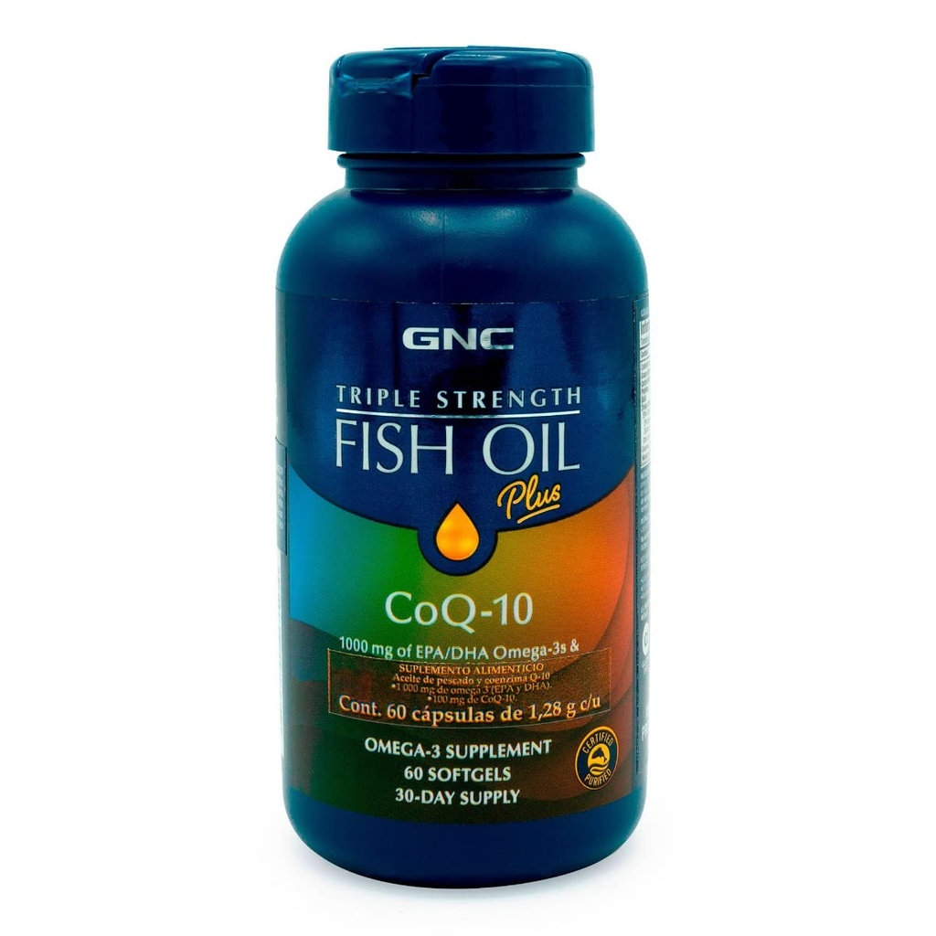 GNC Triple Strength Fish Oil Plus CoQ10 Omega 3 Supplément, 1000mg EPA et DHA, 100mg CoQ10, Santé du coeur et circulatoire, Plus peau, articulaire, cerveau et oeil, revêtu pour contrôler Burps de poisson, 30 portions