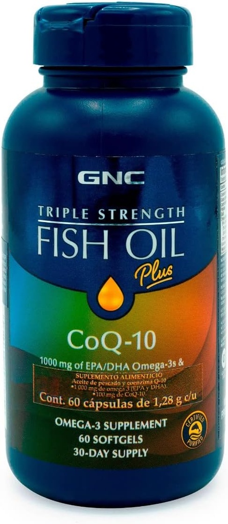 GNC Triple Strength Fish Oil Plus CoQ10 Omega 3 Supplément, 1000mg EPA et DHA, 100mg CoQ10, Santé du coeur et circulatoire, Plus peau, articulaire, cerveau et oeil, revêtu pour contrôler Burps de poisson, 30 portions
