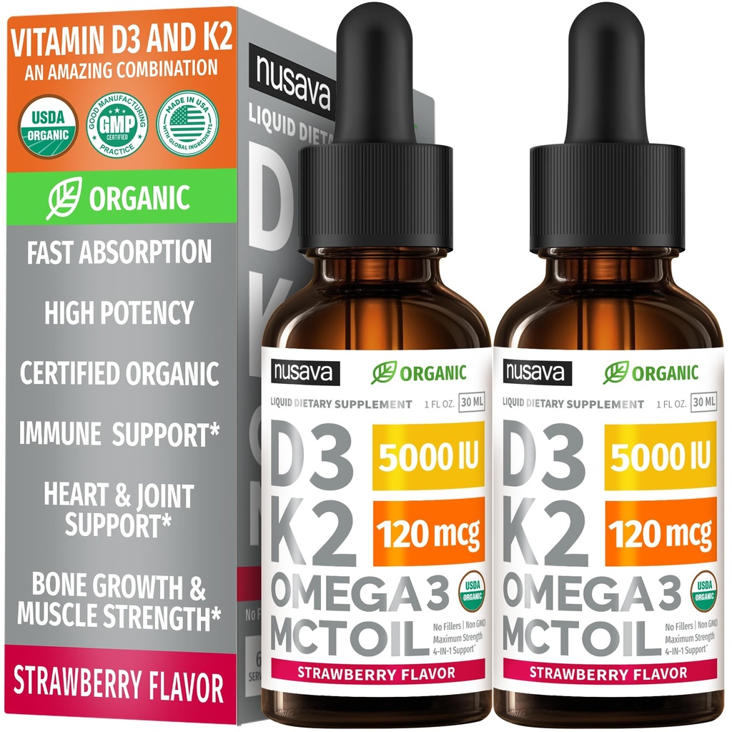 (2 Pack) Vitamine biologique D3 K2 gouttes 5000 UI avec l'huile MCT Oméga 3 - La force maximale liquide D3 sans remplissage, non-OGM pour l'absorption plus rapide, support immunitaire (Strawberry, 2 Fl Oz)