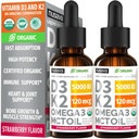 (2 Pack) Vitamine biologique D3 K2 gouttes 5000 UI avec l'huile MCT Oméga 3 - La force maximale liquide D3 sans remplissage, non-OGM pour l'absorption plus rapide, support immunitaire (Strawberry, 2 Fl Oz)