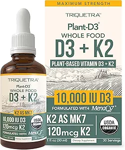 Plante biologique D3 + K2 - 10 000 iu - All-Trans MK7 de MenaQ7 (120 mcg K2)100 % de gouttes D3 sublinguales organiques et à base végétale (cholecalciferol), 100 % végétalien - soutient l'immunité, les os, l'humeur et le cerveau (2 pack)