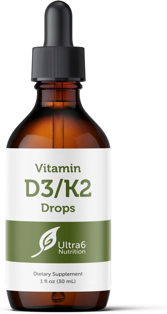 Ultra6 Nutrition Vitamine D et K2 gouttes - Vitamine liquide D3 avec compléments K2 pour adultes - Suppléments VIT D3 et K2 faciles à prendre, sans saveur, très absorbants, fabriqués aux États-Unis (30 ml)