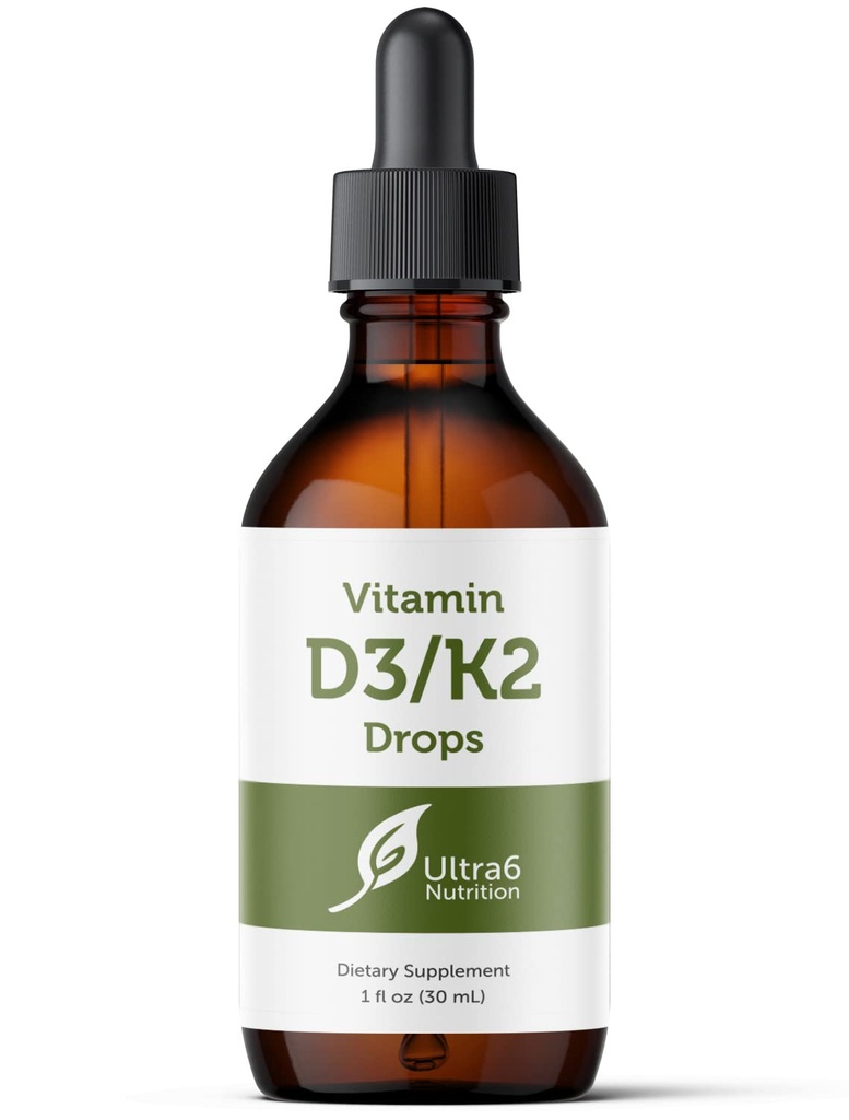 Ultra6 Nutrition Vitamine D et K2 gouttes - Vitamine liquide D3 avec compléments K2 pour adultes - Suppléments VIT D3 et K2 faciles à prendre, sans saveur, très absorbants, fabriqués aux États-Unis (30 ml)