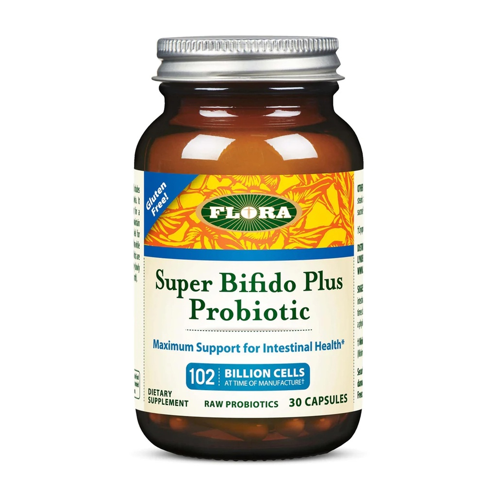 Flora Super Bifido Plus 102 Million CFU, Probiotiques crus pour les hommes et les femmes, Bifidobacterium, Lactobacillus, Digestion, IBS, Système immunitaire, Suppléments d'équilibre gustatif - 30 Capsules végétariennes