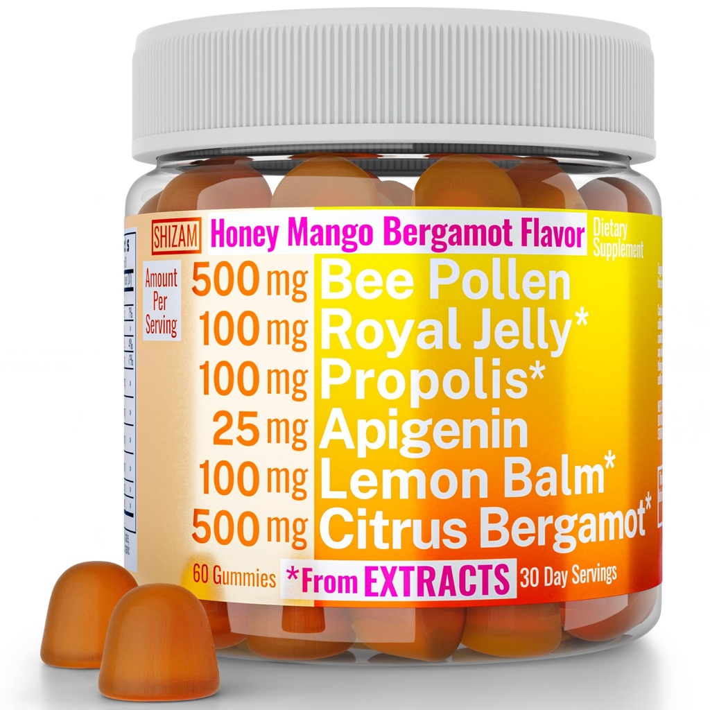 Abeille Pollen Apigenin Citrus Bergamot Gommies w Propolis biologique Royal Jelly Honey Lemon Baume Extrait, Supplément pour les hommes Enfants, Gouttes de teinture Capsule en poudre Capsules de plantes Suppléments Alt, Pollan Polen