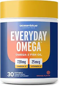 Oceanblue Omega-3 Supplement for Women | Burpless Fish Oil 720mg with Vitamin D3 | Small Pills Easy to Swallow Mini Softgels | Heart Immune Support Orange Flavor (60 Count Minicap)