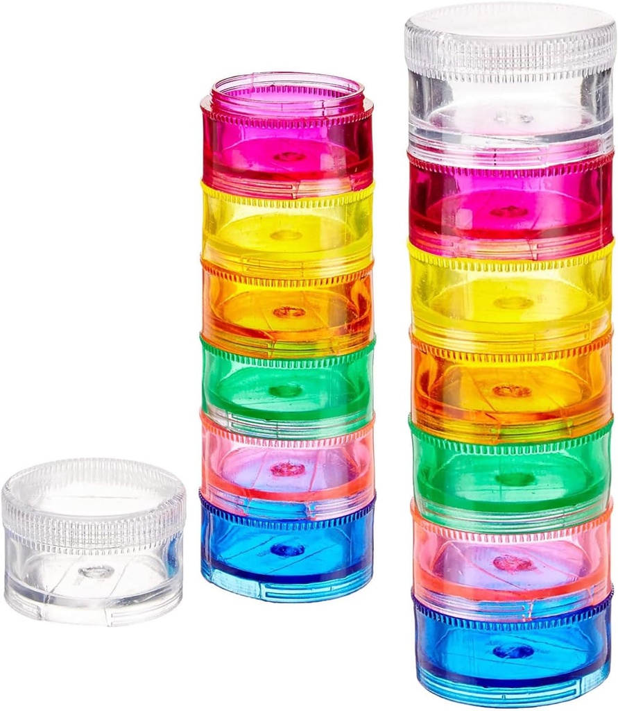 Deke Home - Organisateur de pilules empilables (2 packs), 7 jours par semaine Pill Box Tower avec compartiments de verrouillage Twist, sans BPA, support de médecine de voyage et distributeur de vitamines, boîtier compact et portable, couleur arc-en-ciel