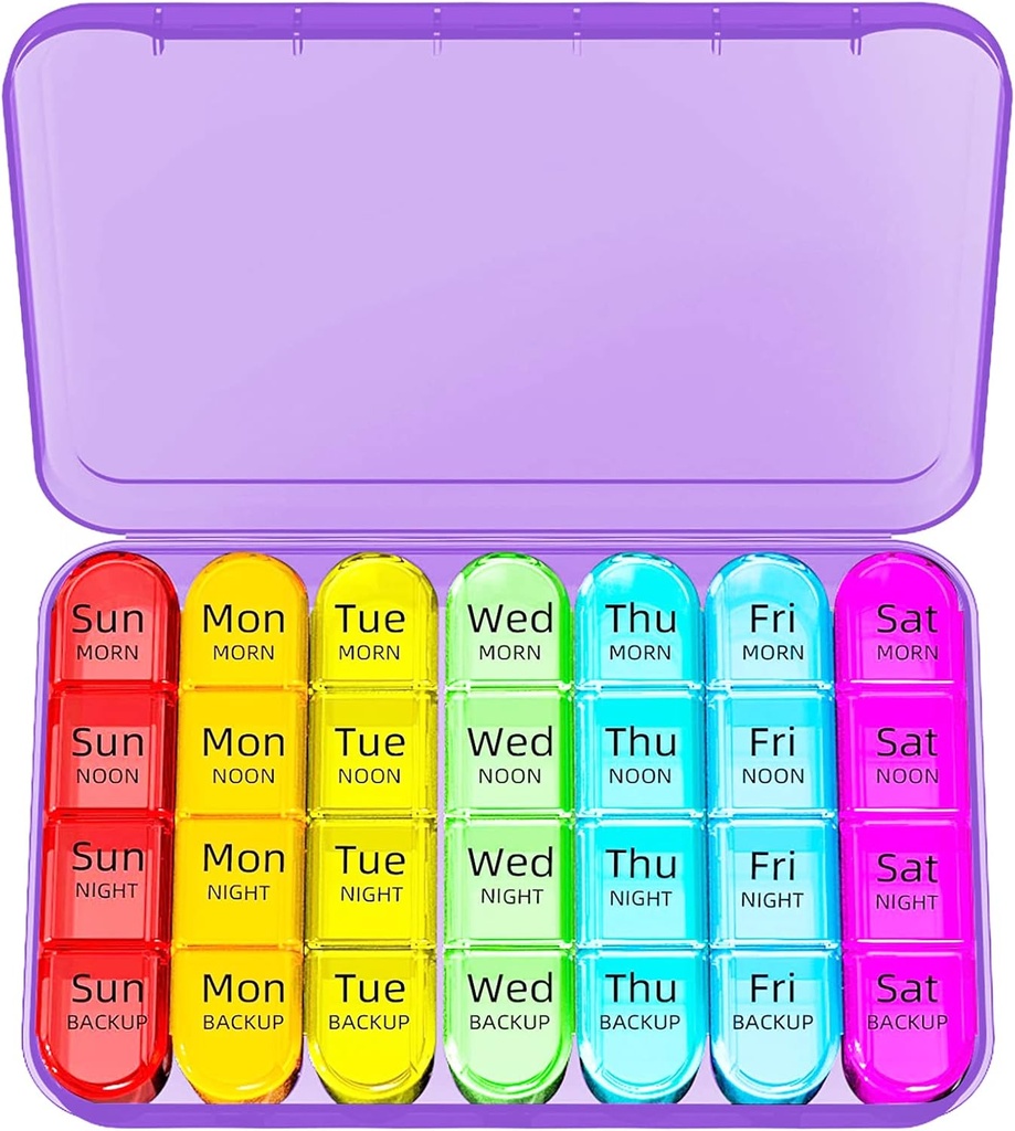 Odaro Weekly Pill Organizer 4 fois par jour, boîte à pilules quotidienne 7 jours, grand cas de pilule de voyage avec 28 compartiments pour tenir la médecine, la vitamine et le supplément - cas violet