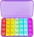 Odaro Weekly Pill Organizer 4 fois par jour, boîte à pilules quotidienne 7 jours, grand cas de pilule de voyage avec 28 compartiments pour tenir la médecine, la vitamine et le supplément - cas violet