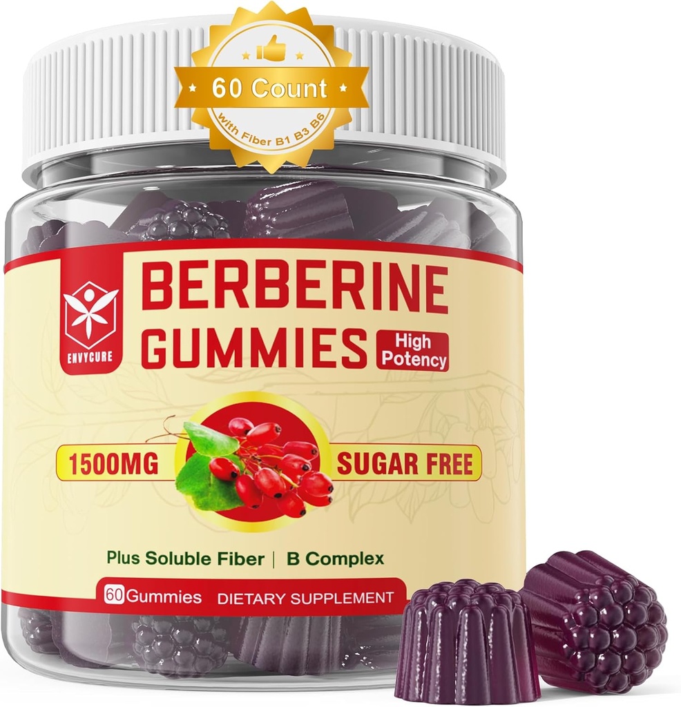 Supplément berbère 1500mg avec fibre soluble, B1, B3 & B6, sans sucre Gommies HCL berbère, haute biodisponibilité AMPK Activateur pour Mętâbõlism équilibré, quotidien digestif et corps Mânâgęmęnt, 60 Cts