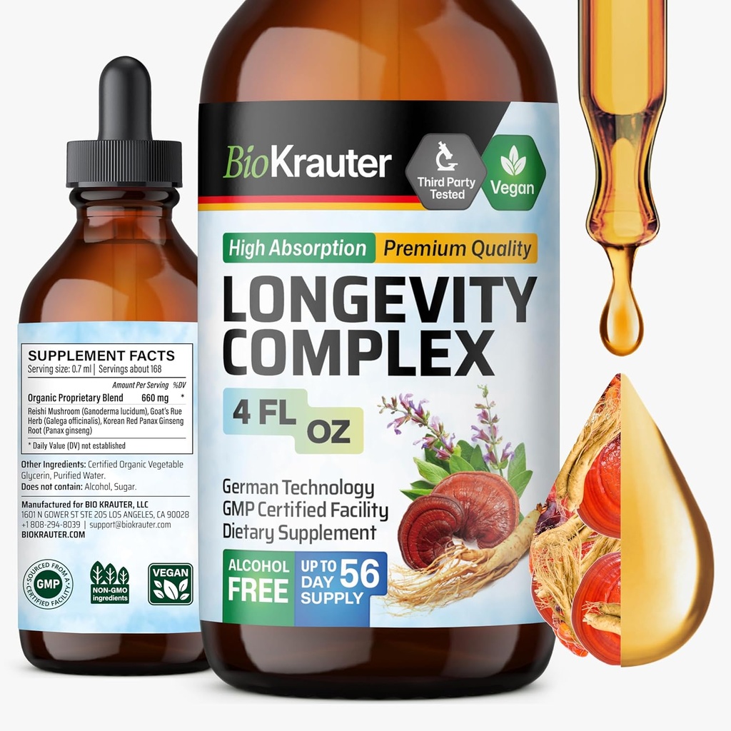BIO KRAUTER Supplément de Champignon Longévité - Complexe de Champignon Reishi liquide avec Chèvres Rue et Ginseng Rouge Extrait de racine - Teinture végétalienne - gouttes sans alcool et sans sucre 4 Fl.Oz.