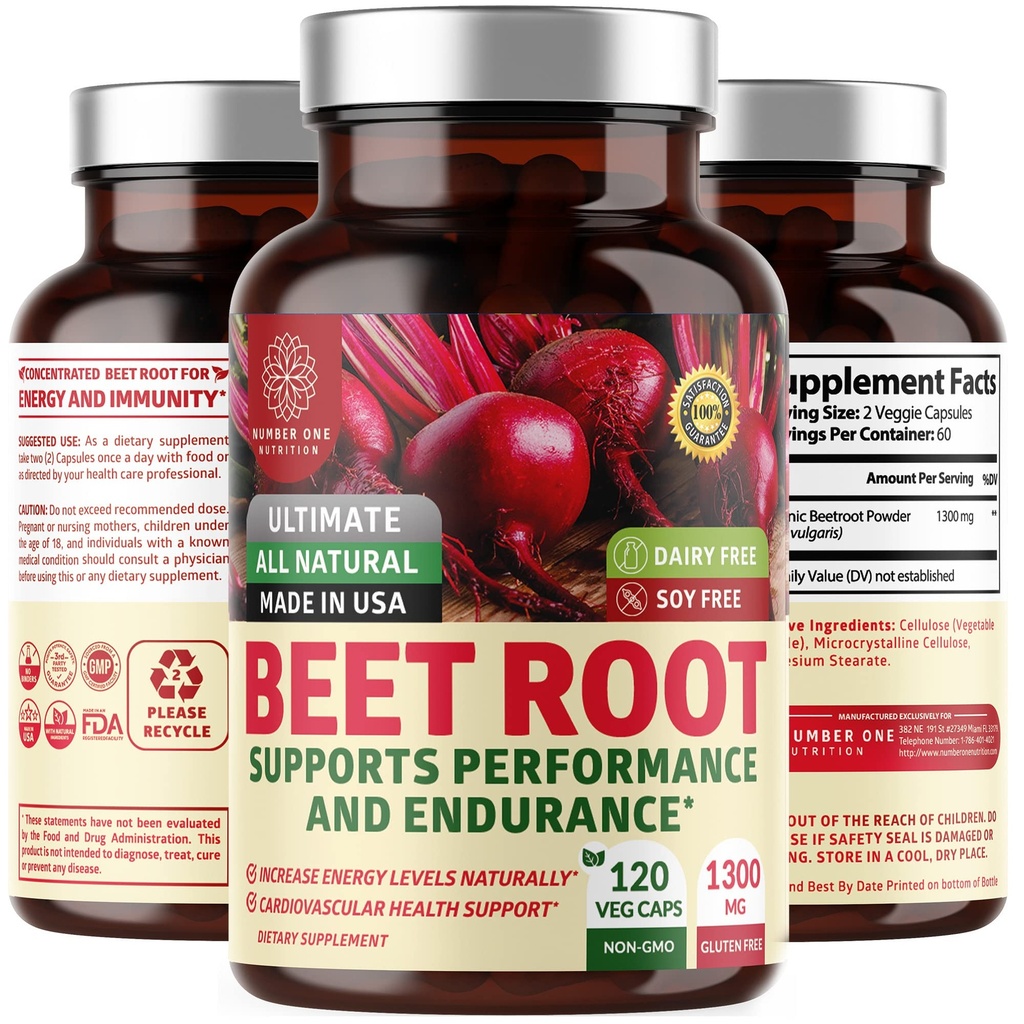 N1N Capsules de racines de betterave biologique premium 1300mg 120 capsules de légumes [Sans OGM et sans gluten] Toutes les graines de betterave naturelles en poudre pour le soutien énergétique