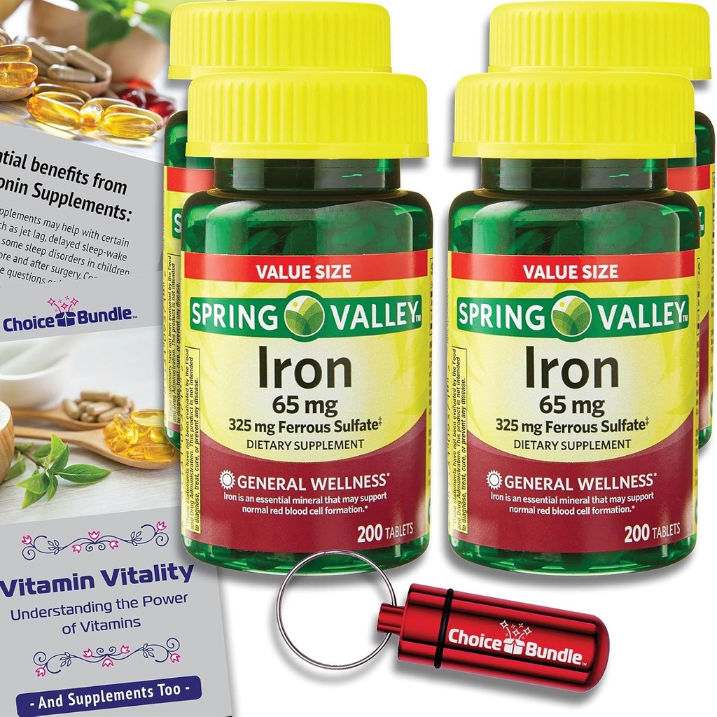 Spring Valley Tablets de fer Complément alimentaire Valeur Taille 65 mg 200 CT 4 Pk Choice Bundle (800 Total) + Vitamine Vitality Guide & Pill Container (6 Articles)!