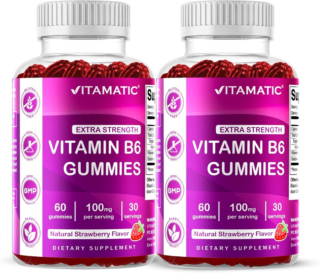 Vitamatic 2 Packs Vitamine B6 100mg Gommies – Saveur de fraise naturelle – 60 Gommies à base de pectine par bouteille – Système nerveux et soutien énergétique