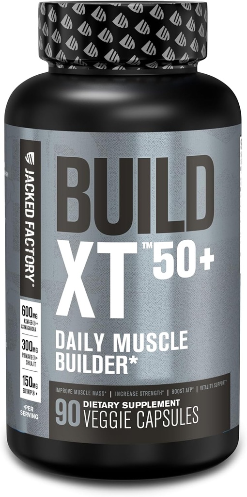 Constructeur de muscles quotidien Jacked Factory Build-XT 50+ - Supplément de récupération musculaire et constructeur de muscles pour les hommes et les femmes avec KSM-66 Ashwagandha, Primavie Shilajit, ElevATP et Astragin - 90 comte