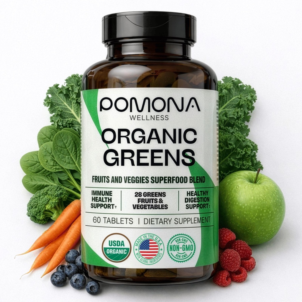 Pomona Wellness Super Greens Supplément, plein de vitamines et minéraux super-alimentaires, fruits et légumes, Greens Poudre pour Bloating et Digestion, Gut Health, USDA biologique, non-OGM, 60 comprimés