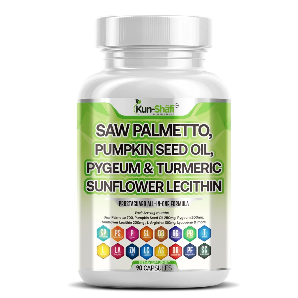 Saw Palmetto avec Bouilloire, Pygeum, Graine de citrouille, Lécithine de tournesol, Turmeric & Ashwagandha – Soutien de la prostate pour les hommes avec Lycopène & Vitamine D3 – 90 Capsules