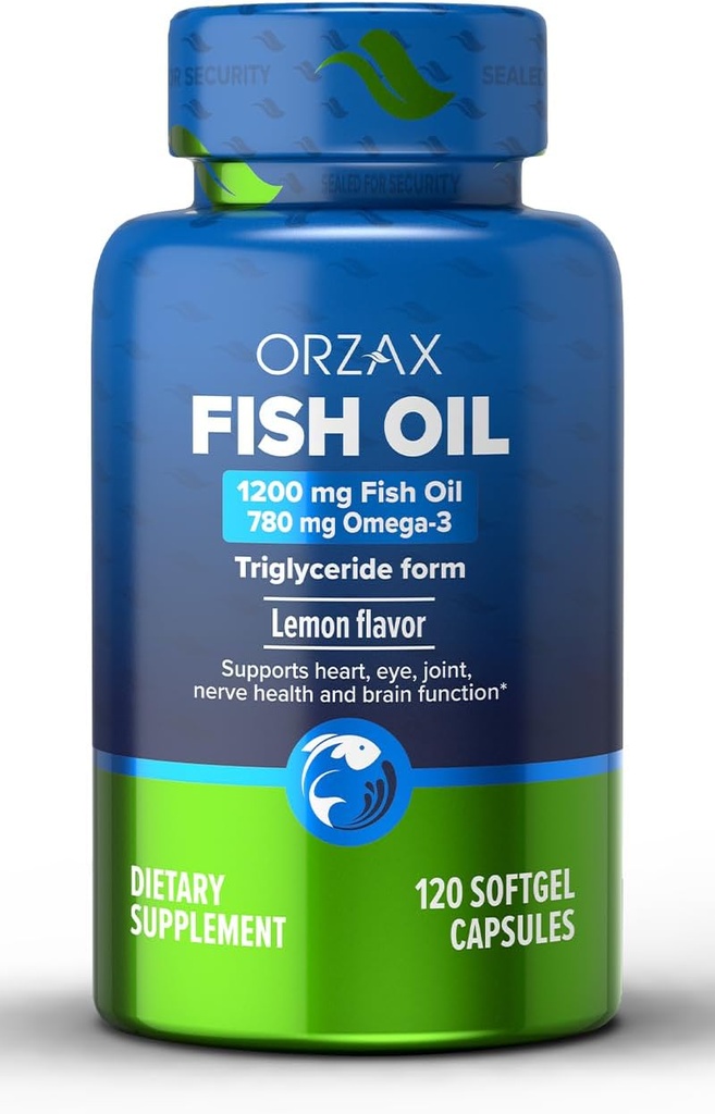 ORZAX Omega 3 Huile de poisson 1200 mg - Supplément Omega 3 de l'EPA DHA - favorise la santé du coeur, des yeux, des articulations, des nerfs, des immunes, du cerveau et du sang - sans Burpless et au citron - sans OGM - 120 softgels - 60 jours