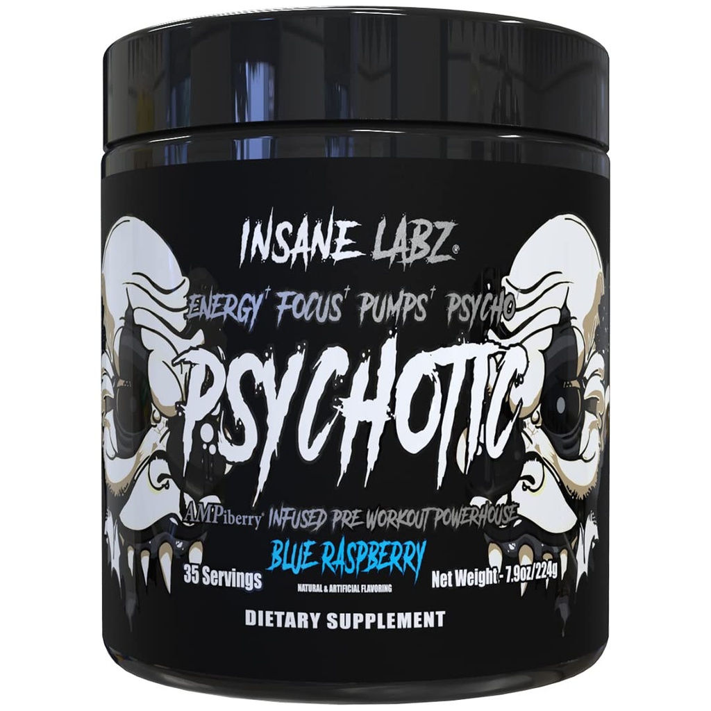 Insane Labz Psychotique Black Edition Mid Stimulant Pre Workout Powder, Energy Focus Pompes, chargé de Créatine Beta Alanine Taurine alimenté par AMPiberry, 35 portions (Blue Raspberry)