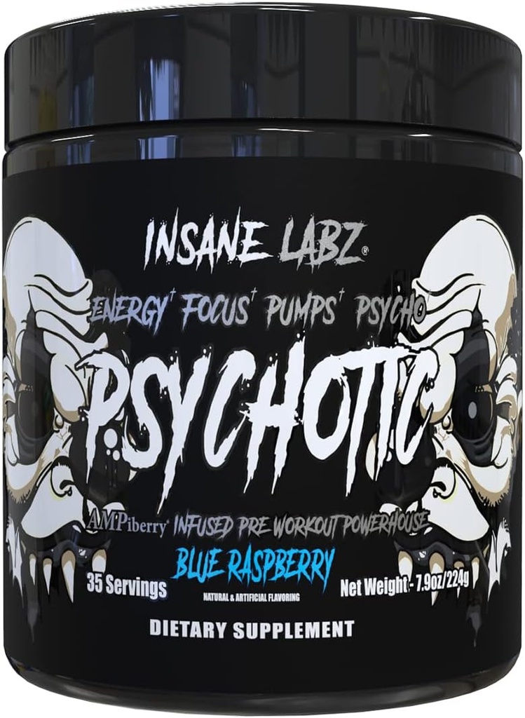 Insane Labz Psychotique Black Edition Mid Stimulant Pre Workout Powder, Energy Focus Pompes, chargé de Créatine Beta Alanine Taurine alimenté par AMPiberry, 35 portions (Blue Raspberry)