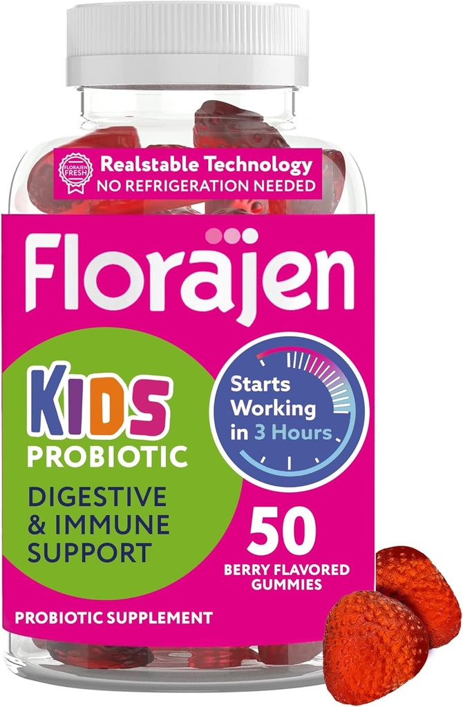 Gommies probiotiques pour enfants Florajen - Suppléments prébiotiques, probiotiques et postbiotiques à triple action pour la santé digestive, le soutien immunitaire et le soulagement du blottis - bio, végétalien et sans gluten - 50-Comte