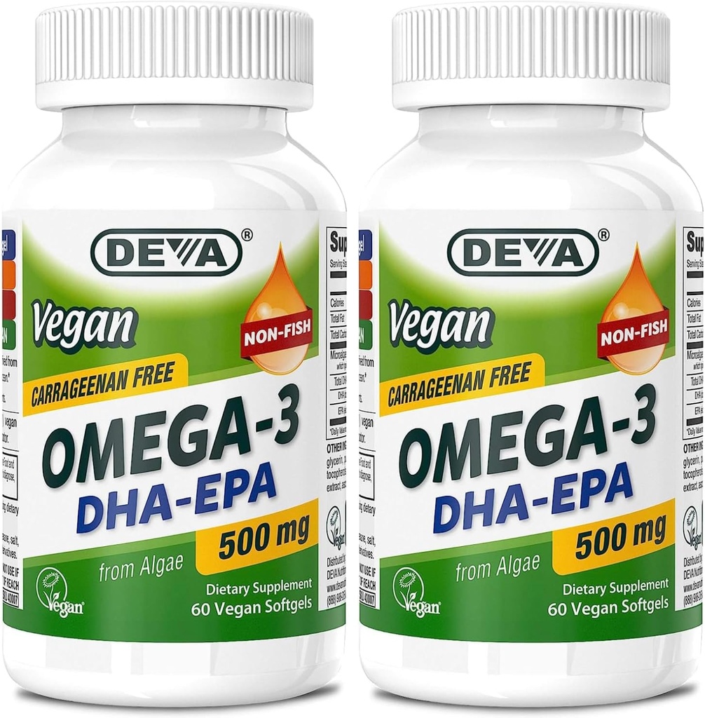 DEVA Vegan Omega-3 DHA-EPA 500MG 2-Pack – Pas de carrageenan, huile non-pêche dérivée d'algues, non-OGM, 60 softgels sans gélatine Ea