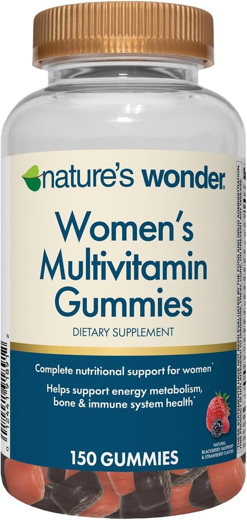 Nature's Wonder Femmes Multivitamine Gummies, soutient l'énergie, le métabolisme, les os et le système immunitaire santé avec les vitamines A,C,D,B6, B12, Biotine, acide folique, 75 jours d'approvisionnement, 150 comte