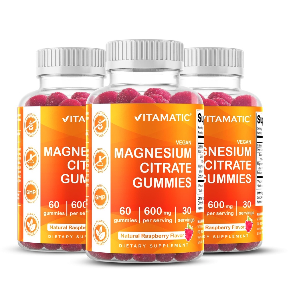 Gommies de magnésium Vitamatique 600mg par service – 60 Gommies Vegan – Relaxation, Muscle, Bone & Soutien énergétique – 3 Pack