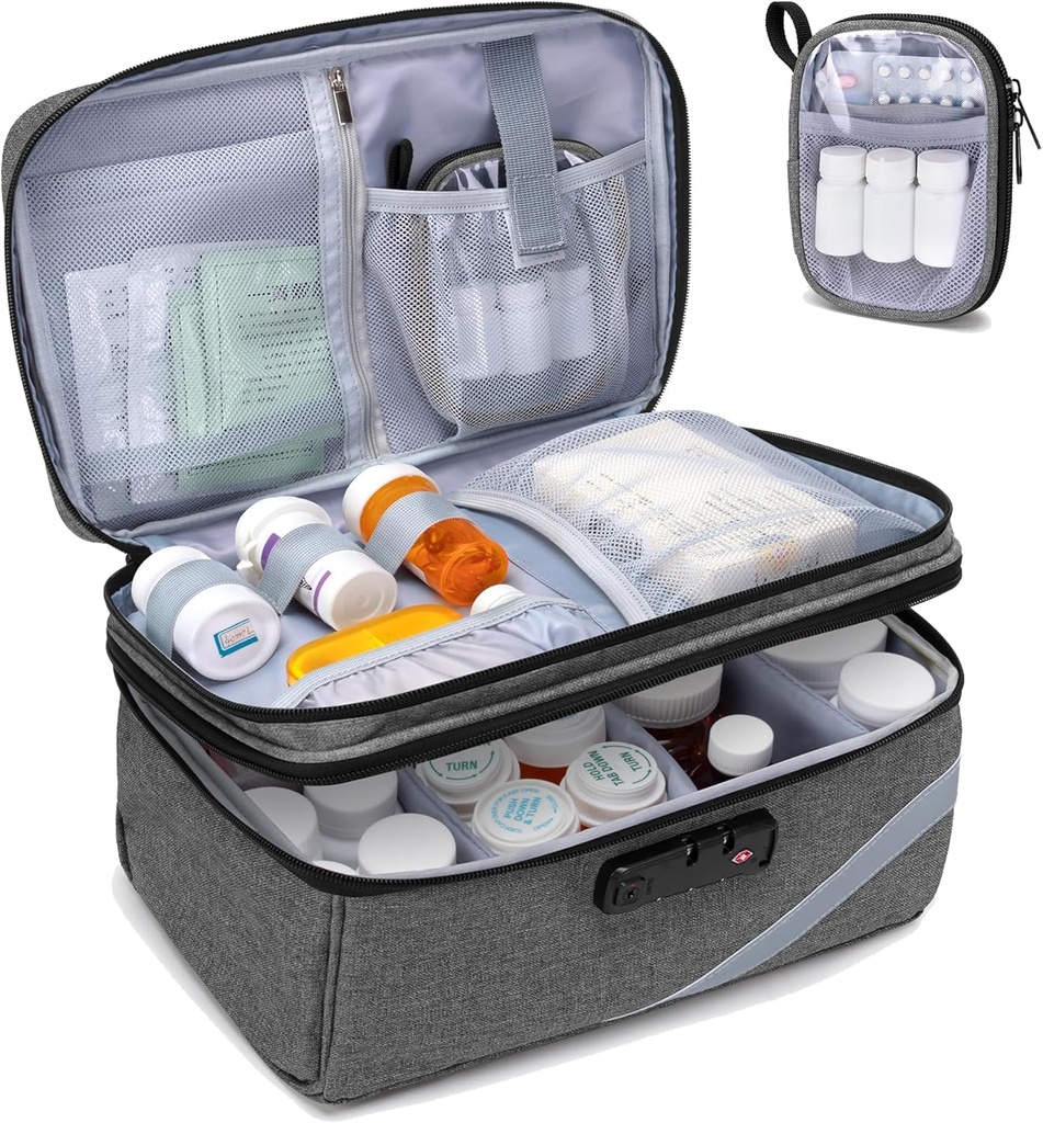 Sac de rangement en médicaments Trunab avec serrure combinée, organisateur de bouteilles de pilules verrouillables, étui de voyage pour médicaments pour boîte de médecine, ordonnance, vitamines, suppléments ou fournitures médicales
