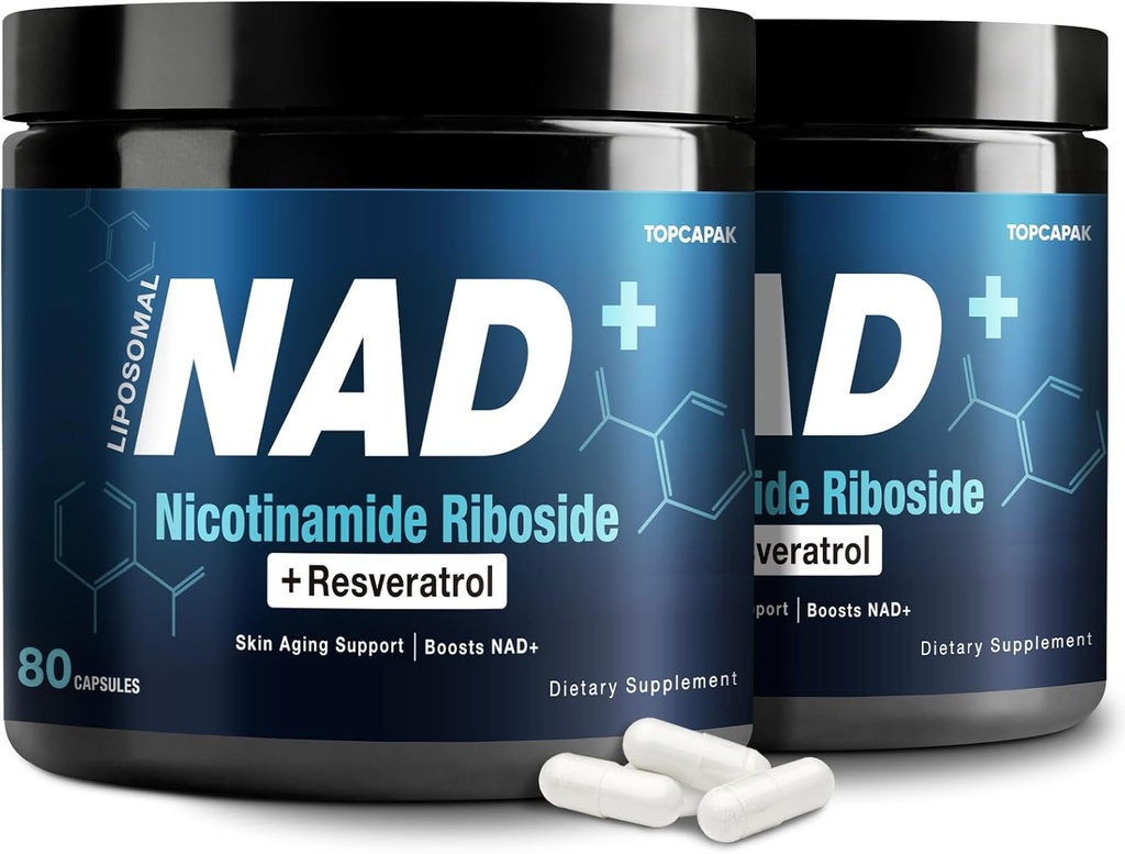 Supplément NAD+ 1000mg - Nicotinamide Riboside (NR) et resvératrol, NAD liposomique d'ingrédients organiques purs pour les femmes et les hommes Vieillissement sain, Cerveau et énergie cellulaire, 80 Capsules(2Pcs)