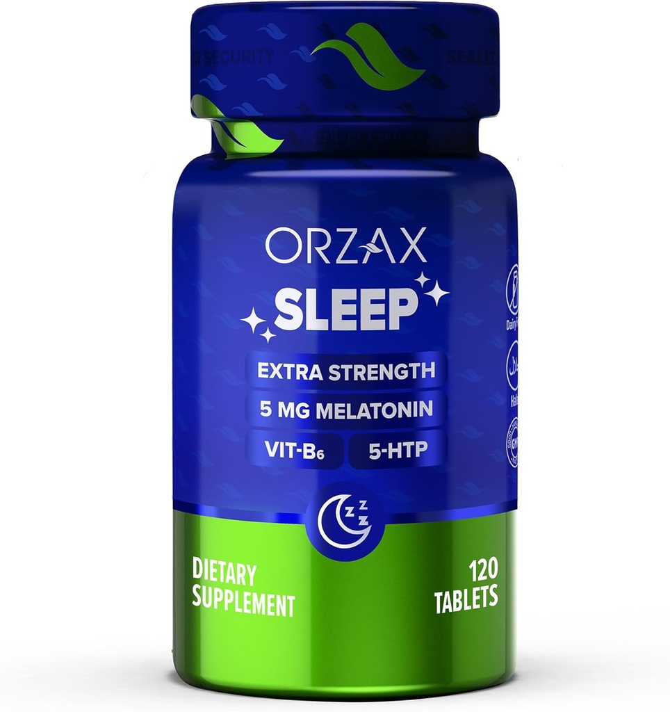 ORZAX Sommeil - Mélatonine 5 mg, supplément Vitamine B6 et 5-HTP - Vitamines du sommeil reposantes pour adultes (120 comprimés)