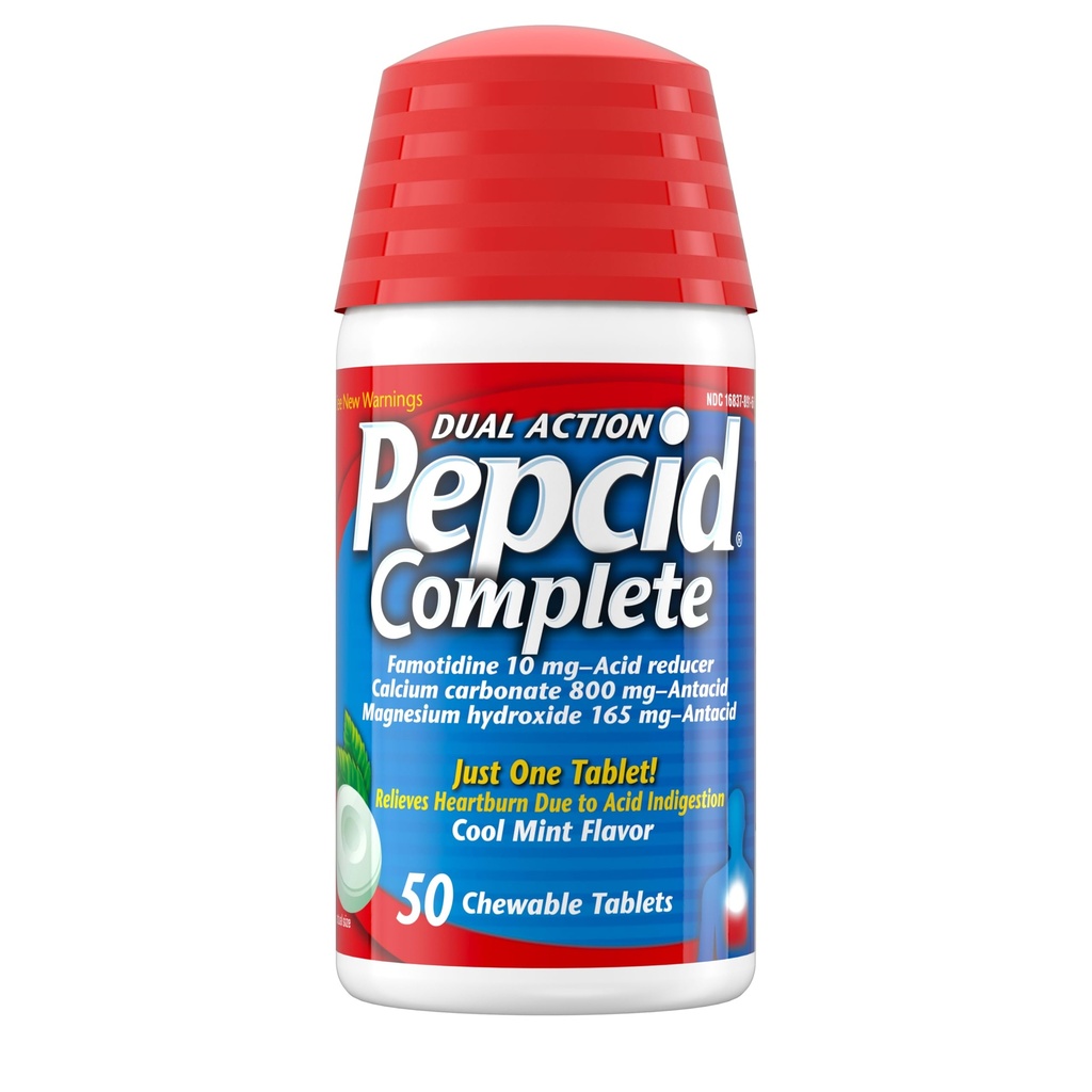 Réducteur d'acide complet pepcid + antiacide pour le reflux acide, 10 mg de famotidine, 800 mg de carbonate de calcium et 165 mg d'hydroxyde de magnésium par comprimé de médecine des brûlures d'estomac, antiacides, menthe, 50 ct