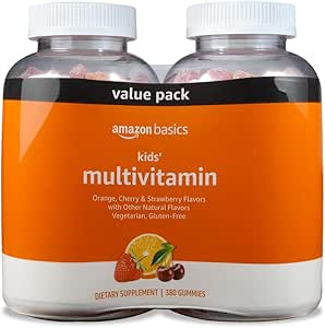 Bases Gummies multivitamines pour enfants, cerise, fraise et orange, 380 Nombre (2 paquets de 190) (2 par portion) (précédemment Solimo)