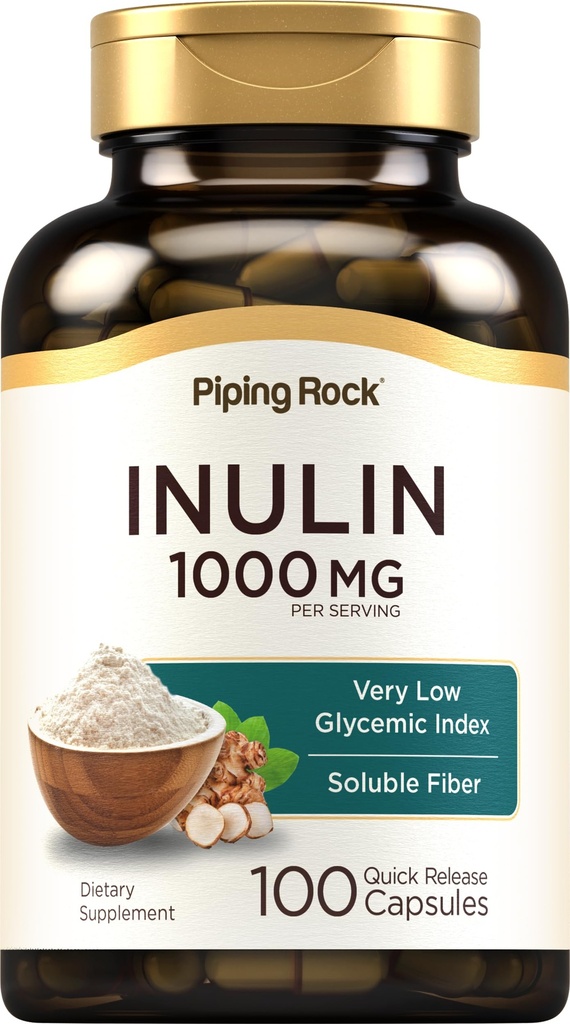 Pipeping Rock Capsules d'inuline organiques 1000 mg , 100 Count , Indice glycémique faible , Supplément de fibre soluble , Non-OGM, sans gluten
