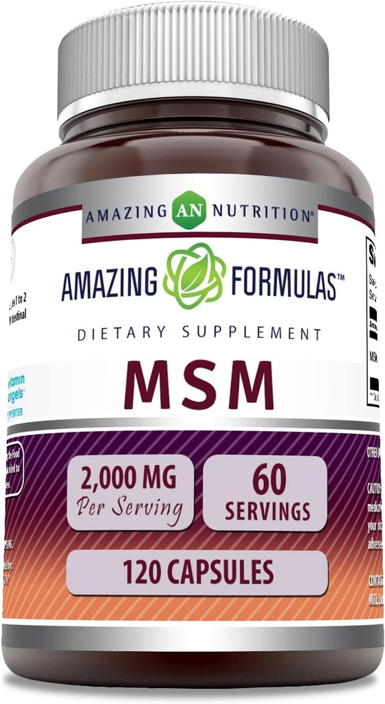 Formules étonnantes MSM (Methylsulfonylméthane) Supplément $ 2000 Mg par portion $ 120 Capsules $ Non-GMO $ Sans gluten $ Fabriqué aux États-Unis