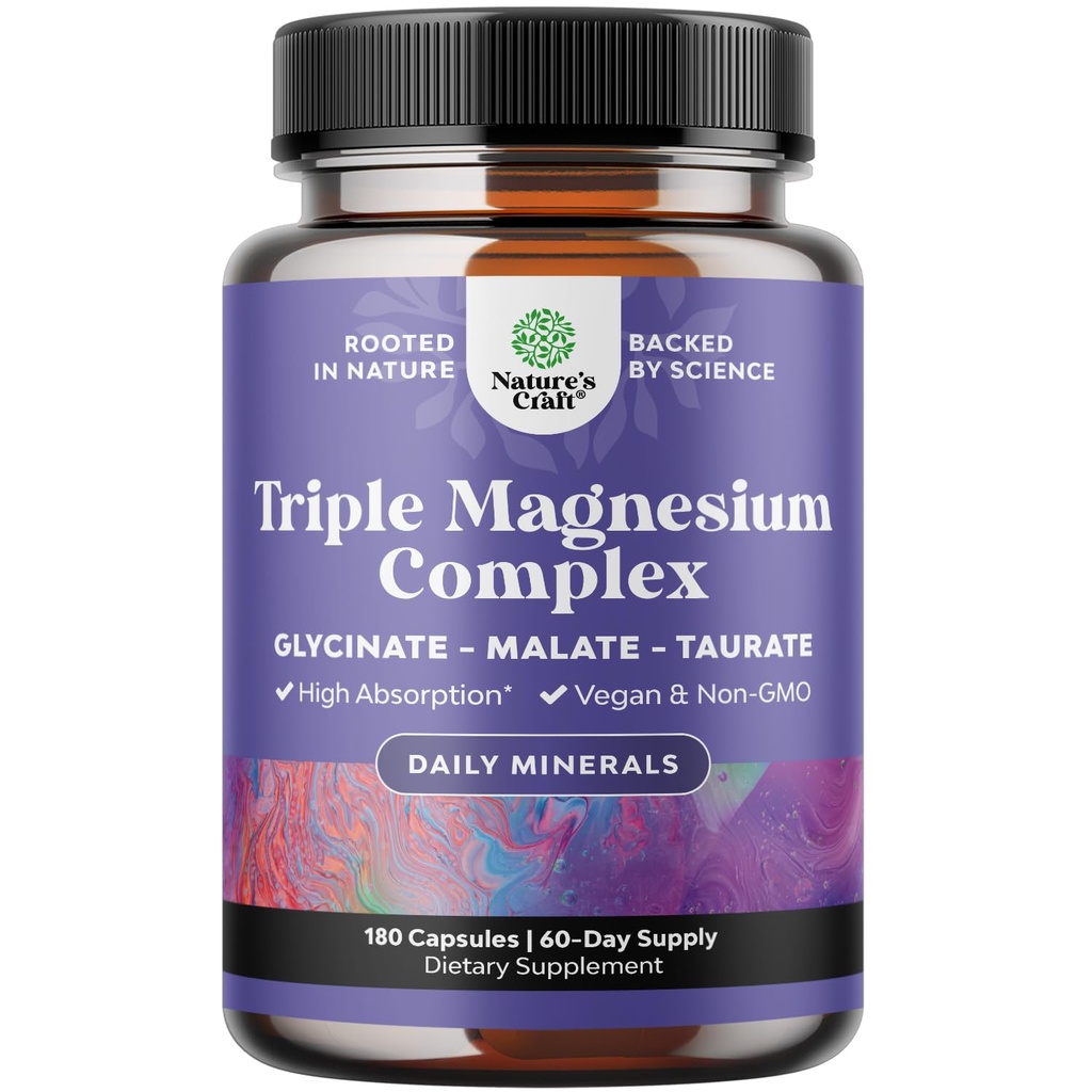 Supplément complexe Triple Magnésium - Glycinate de Magnésium à haute absorption, mélange de malate et de taurate pour les muscles Soutien énergétique et santé cardiaque - Capsules Triple Mg Complex 400 mg - 180 Compte