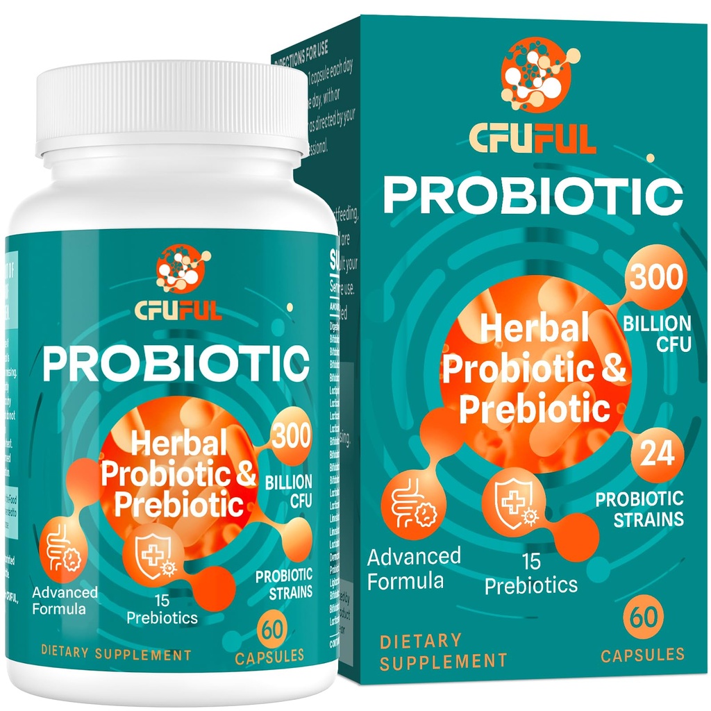 Probiotiques pour les femmes et les hommes - 300 milliards UFC, 24 souches Probiotique + 15 herbes biologiques Mélange de prébiotiques, pour la santé globale de la gorgée digestive, immunitaire, constipation et ballonnement, plateau stable - 2 mois d'approvisionnement