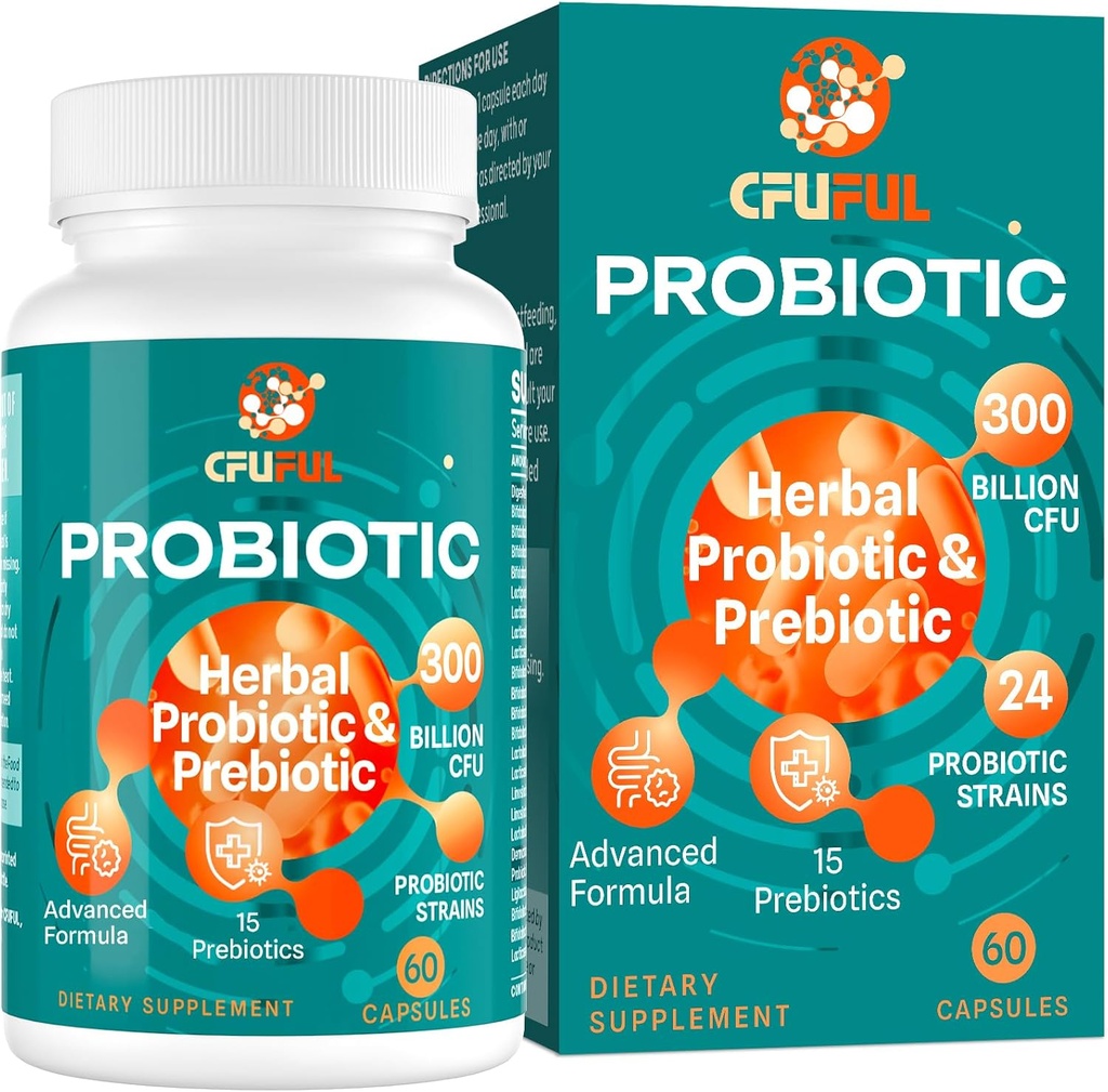 Probiotiques pour les femmes et les hommes - 300 milliards UFC, 24 souches Probiotique + 15 herbes biologiques Mélange de prébiotiques, pour la santé globale de la gorgée digestive, immunitaire, constipation et ballonnement, plateau stable - 2 mois d'approvisionnement