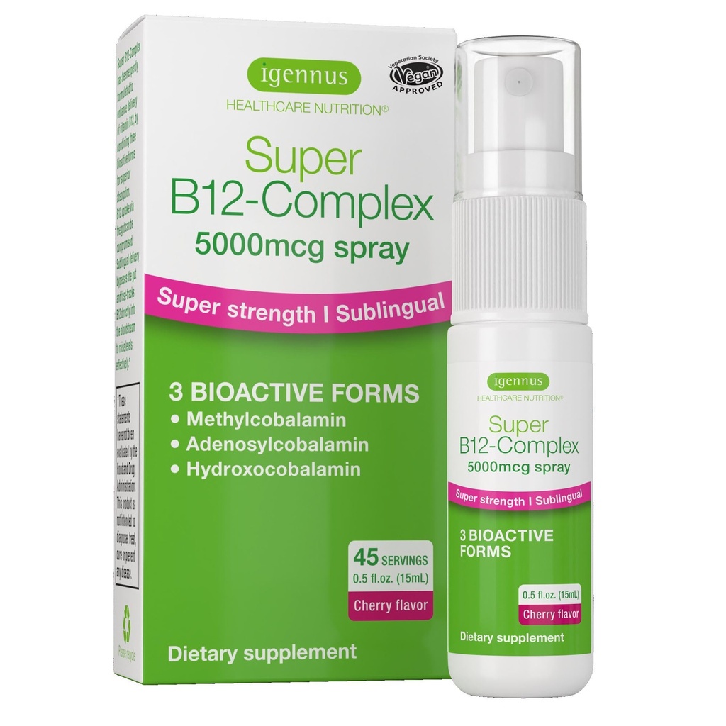 Igennus Triple Vitamine B12 Complexe 5000mcg, Vaporisateur sublingual liquide, 45 portions, méthylcobalamine, adénosylcobalamine et hydroxocobalamine, haute résistance et propre, saveur de cerise naturelle, végétalien