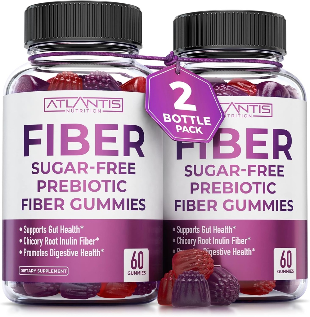 Atlantis Nutrition Sugar Free Fiber Gummies for Adults - 5G Fiber Supplement Formulated with 5.4G Prebiotic Digestive Blend - Supports Gut Health & Promotes Healthy Digestion - 2-Pack 120 Gummies