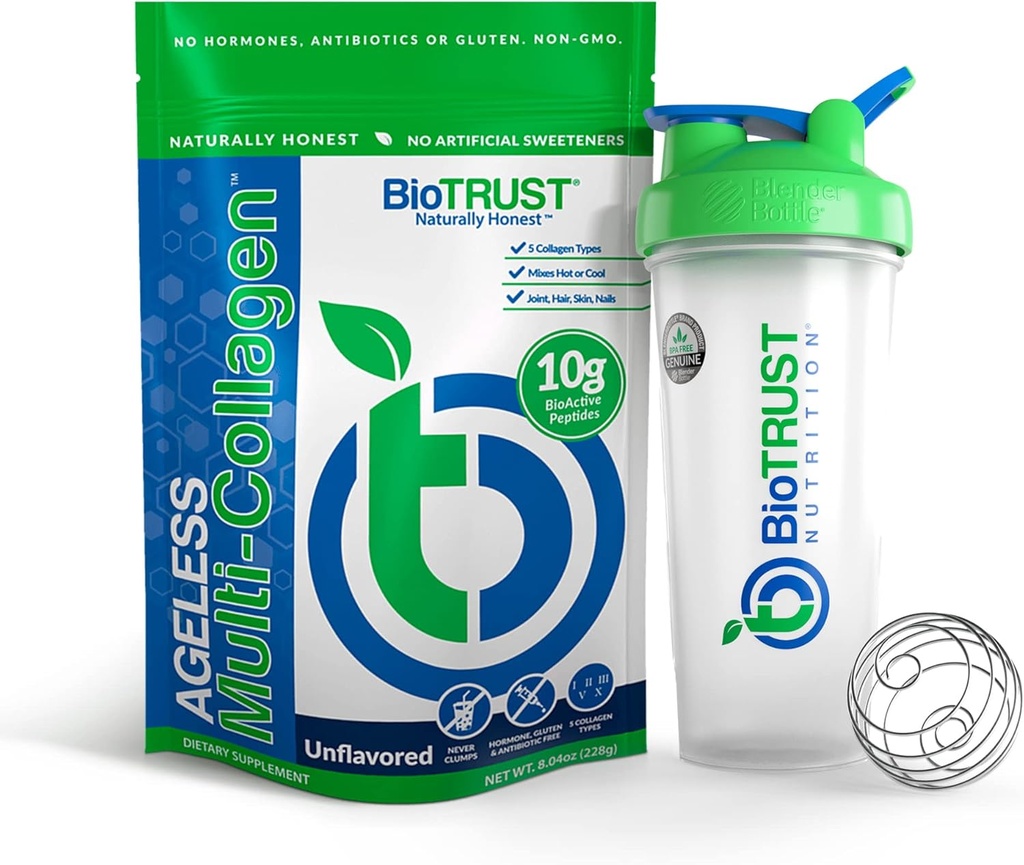 BioTrust Sans âge Multi Collagène 5-en-1 poudre protéique (non aromatisée) MélangeurBottle Bundle