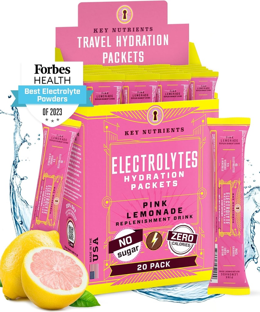 Paquets en poudre d'électrolytes - Lémonade rose fraîche 18 Packs d'hydratation - Poudre d'hydratation de voyage - Pas de sucre, pas de calories, sans gluten - Fabriqué aux États-Unis